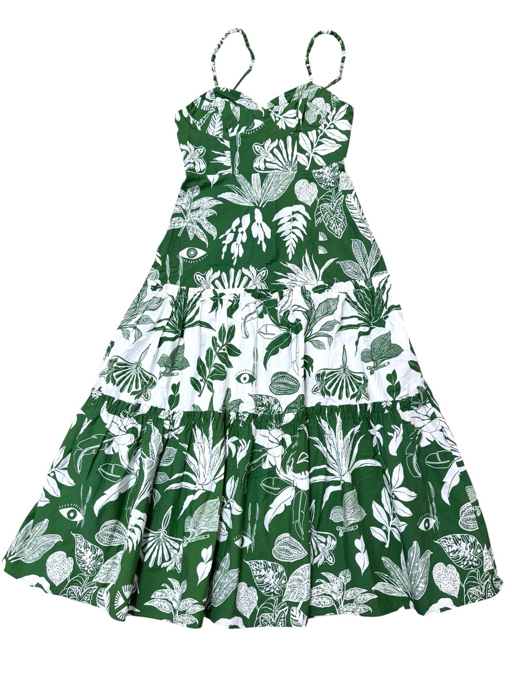 Farm Rio Sz S Dress Forest Soul Mix Midi Green White Sundress Anthropologie - Picture 3 of 11